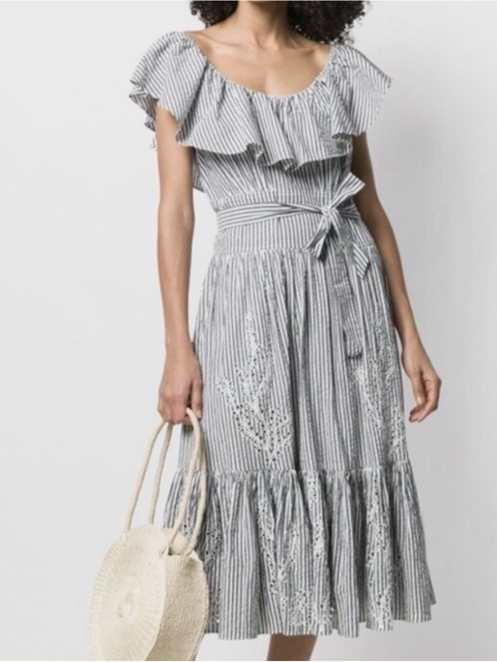 Tory Burch Gray & White Embroidered Cotton Midi Dress
